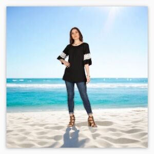 Gorgeous Black W/ Crochet Lace Sleeve Detail Tunic Top--Lagenlook -NWOT-Sz S-M☀️